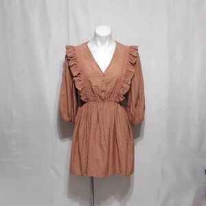 ZARA Marsala Ruffle Trim Balloon Sleeve Mini Dress Small Boho Chic Romantic